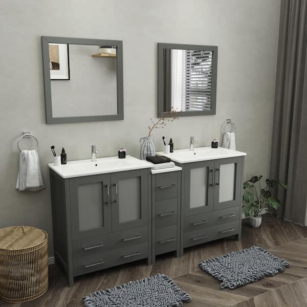 Brescia 72 in. W x 18 in. D x 36 in. H Bath Vanity in Grey with Vanity Top in White with White Basin and Mirror