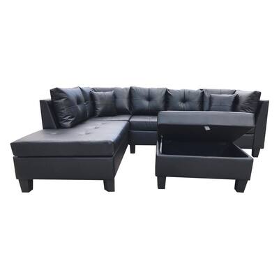 79.6 in. Width 3-Piece Leather Left Facing Loveseat Sectional Sofa in Black With Throw Pillows And Ottoman