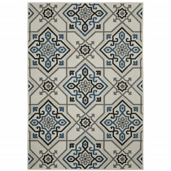 Blue, Beige 2 ft. x 4 ft. Loomed Oriental Polypropylene Rectangle Indoor/Outdoor Area Rug