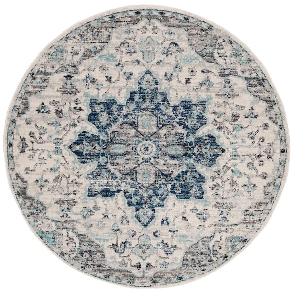 SAFAVIEH Madison Ivory/Navy 7 ft. x 7 ft. Round Border Area Rug