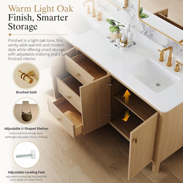 LORIN 80 in W Double Sink Freestanding Solid Wood Oak Bath Vanity with White Quartz Top, Backsplash, Assembled Cabinet
