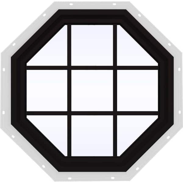 JELD-WEN 36 in. x 36 in. V-4500 Series Black Exterior/White Interior FiniShield Vinyl Fixed Octagon Window with Colonial Grids