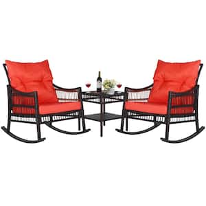 Dark Brown 3-Piece Patio Wicker Outdoor Rocking Chair Set with Orange Cushions and Pillows