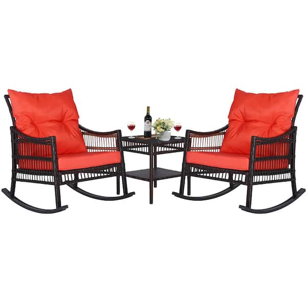 VEIKOUS Dark Brown 3-Piece Patio Wicker Outdoor Rocking Chair Set with Orange Cushions and Pillows