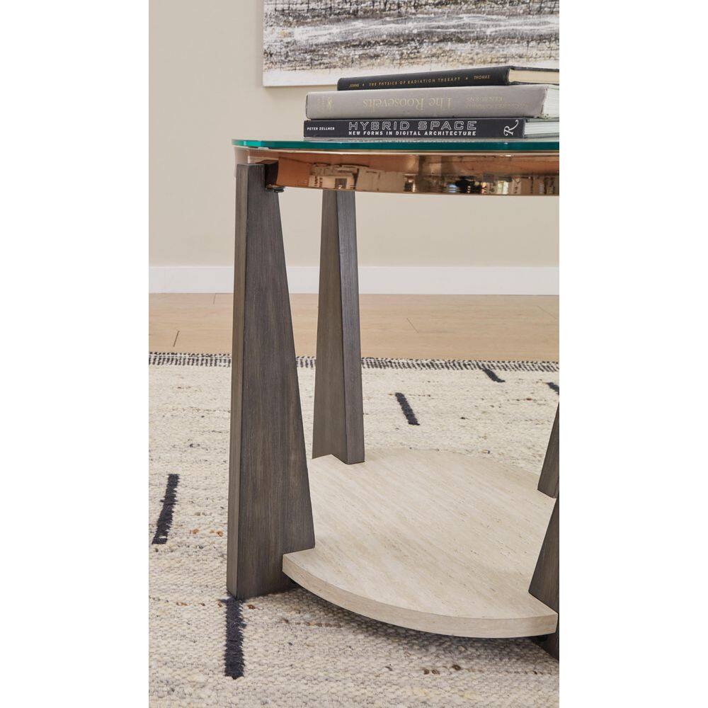 Round Beige and Brown Wood Metal End Table with Glass Top