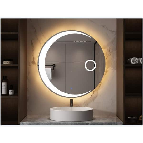 Tatahance 24 W x 24 in. H Round Sun and Moon Design Freestanding LED Bathroom Makeup Mirror W99967532-Z - The Home Depot