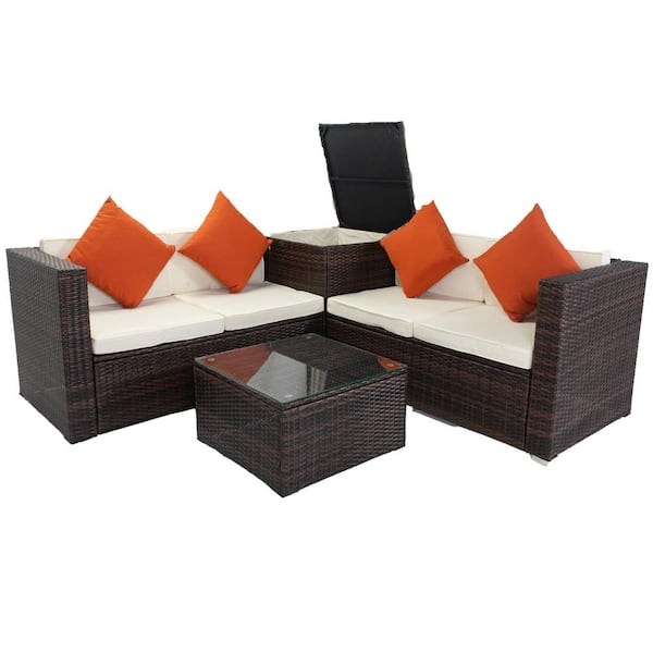 Tunearary 4-Piece Rattan Wicker Outdoor Sectional Sofa Sets with 4 Pillows 1 Coffee Table and 1 Storage Table with Beige Cushion