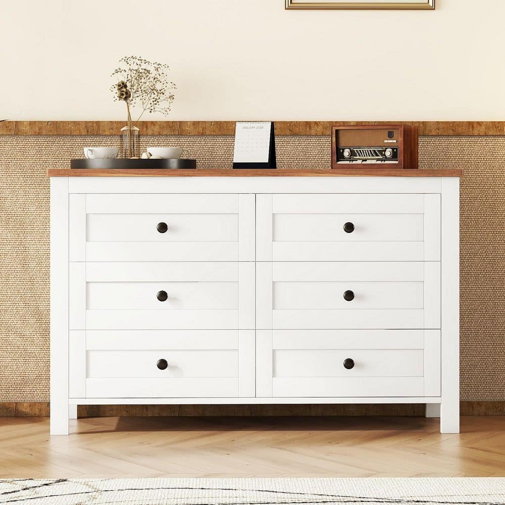 CSC DECOR INC Modern White/Brown Wood 6-Drawers 52.6 in. Wide Double Dresser Chest of Drawers Storage Cabinet Bedroom Dresser