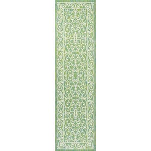 Charleston Vintage Filigree Textured Weave Green/Ivory 2 ft. x 8 ft. Indoor/Outdoor Area Rug