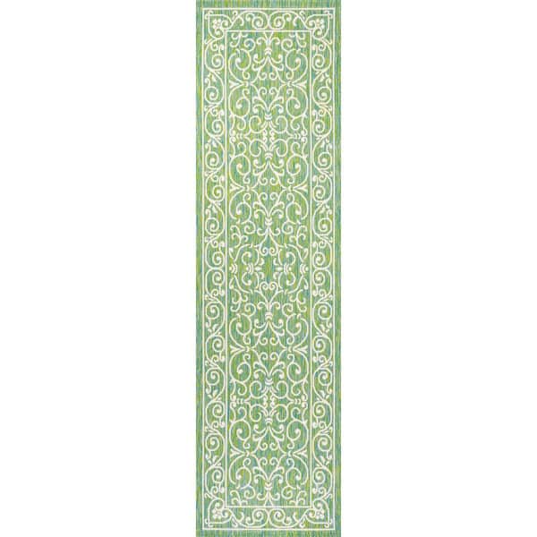 Charleston Vintage Filigree Textured Weave Green/Ivory 2 ft. x 8 ft. Indoor/Outdoor Runner Rug