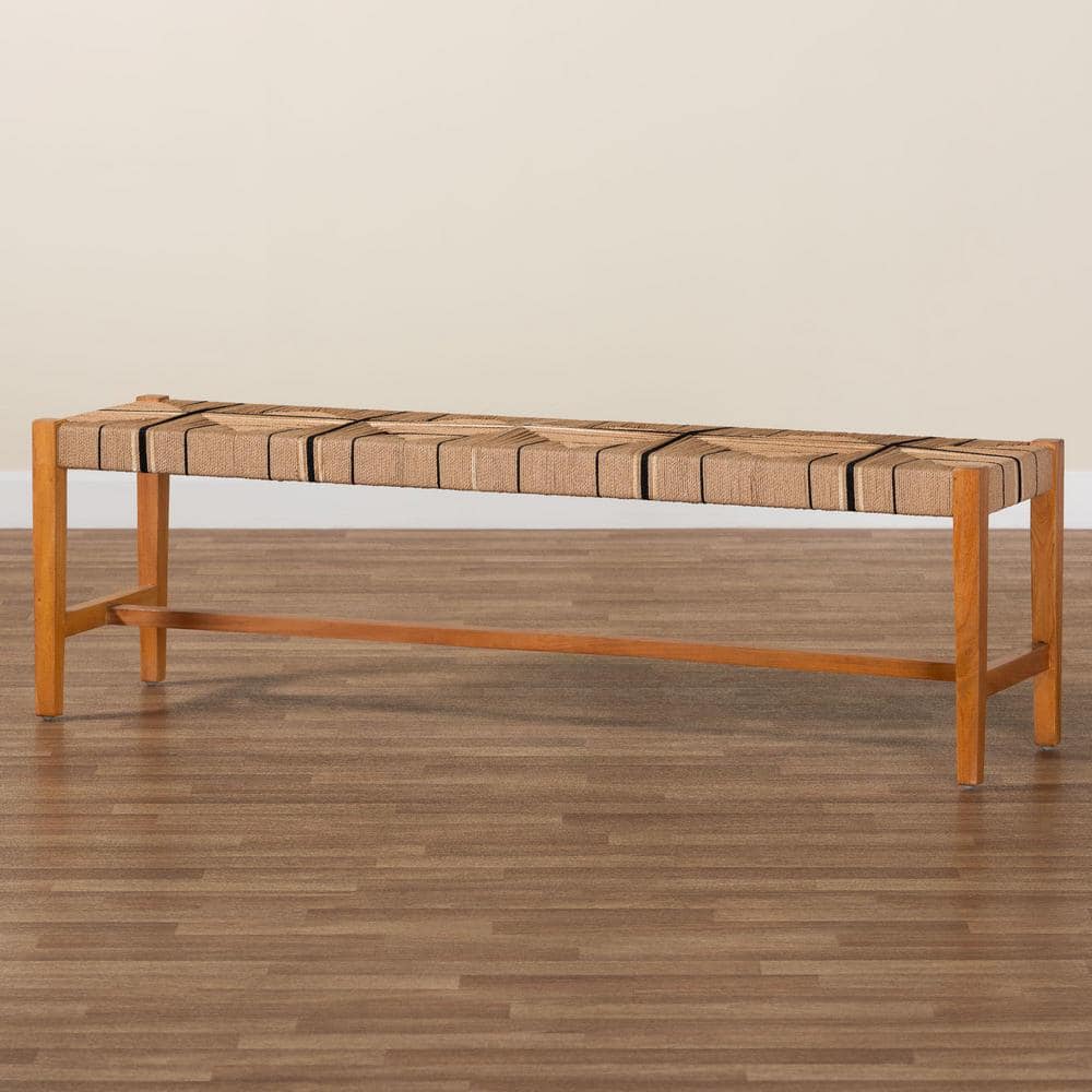 Natural Mahogany and Woven Paper Loom Bohemian Dining Bench