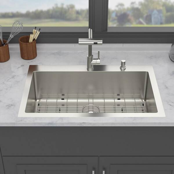 30 in. Drop-In Single Bowl 16 Gauge Brushed Nickel Stainless Steel Kitchen Sink with Faucet and Bottom Grids