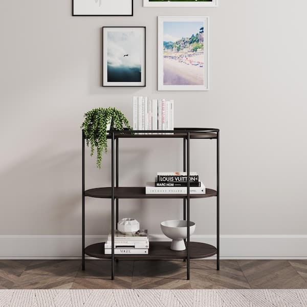 Nathan James Paloma Dark Oak and Black 3-Shelf Small Modern Oval Bookshelf or Unique Entryway Bookcase