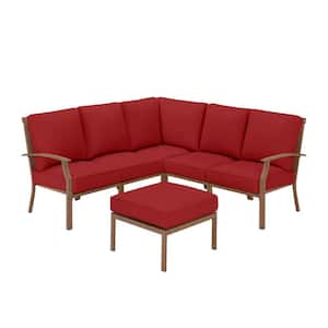 Geneva 6-Piece Brown Wicker Outdoor Patio Sectional Sofa Seating Set with Ottoman and CushionGuard Chili Red Cushions