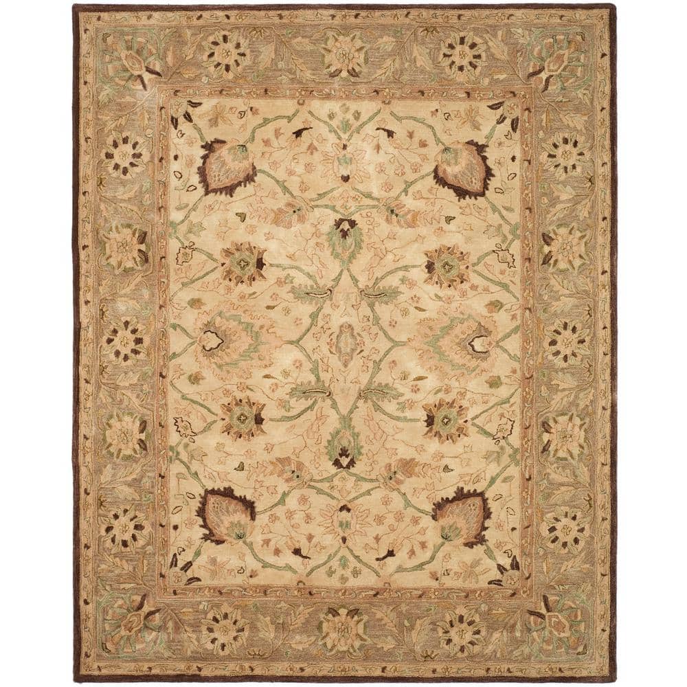 Ivory and Brown 8' x 10' Handmade Wool Floral Rug