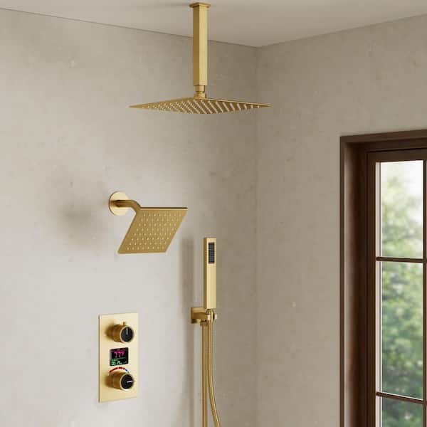 YAWWALK Single Handles 3-Spray Ceiling Mount 12 and 6 in. Shower Head Shower Faucet with Anti Scald in. Brushed Gold