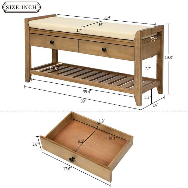 ANBAZAR Old Pine Entryway Wood Storage Bench Shoe Rack 39L x 14W x 19.8H  with Cushioned Seat, 2 Drawers and Bottom Shelf 01548ANNA-D - The Home Depot