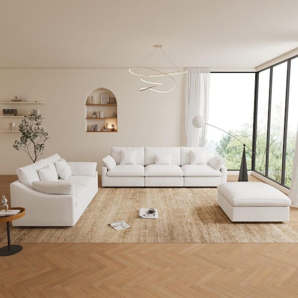 196 in. W Square Arm Linen Upholstered Rectangle 5-Seater Sectional Sofa with Ottoman in White