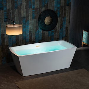 59 in. Acrylic FlatBottom Rectange Bathtub with Brushed Gold Overflow and Drain Included in White