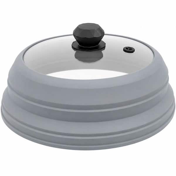10.8 in. Gray Microwave Splatter Cover, Vented Glass Splatter Guard Lid with Collapsible Silicone for Food as Pot Cover