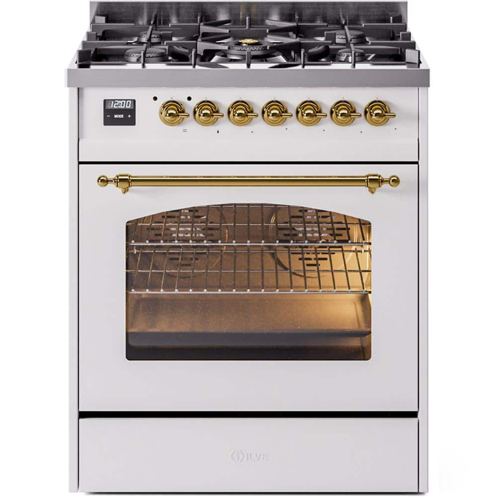 Nostalgie II 30 in. 5 Burner Freestanding Dual Fuel Range in White with Brass Trim -  ILVE, UP30NMPWHG