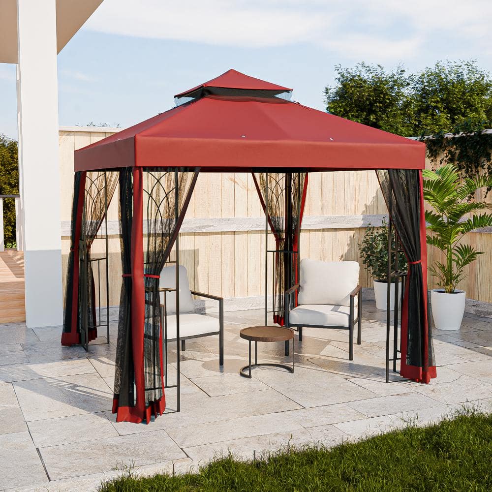 8 ft. x 8 ft. Outdoor Double-Roof Gazebo Soft-Top Roof Tent w/ Netting Ceiling Hook Corner Shelves for Garden Patio, Red price history on PriceWatchPro