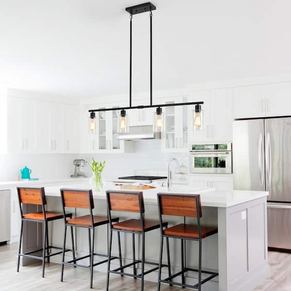 4-Light Matte Black Industrial Linear Chandelier with Glass Shades for Kitchen Island with No Bulbs Included