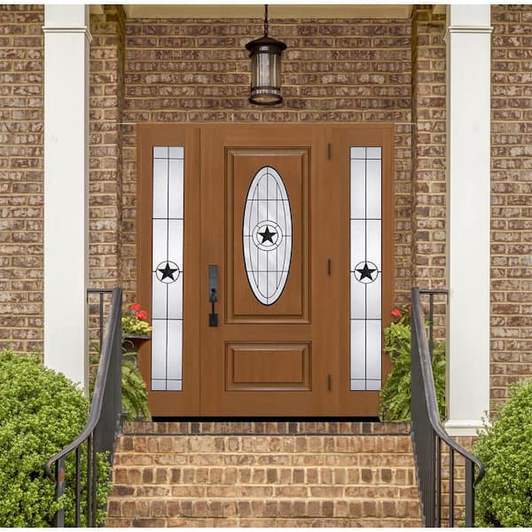 Regency 68 in. x 80 in. 3/4L Oval Alamo Glass RHIS AutmWh Mahogany Fiberglass Prehung Front Door w/14in-Full SLs 4-9/16