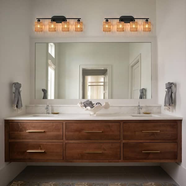 Nafissa 29 in. 4-Light Black Vanity Light Farmhouse Bathroom Light with Cylinder Rattan Lampshades
