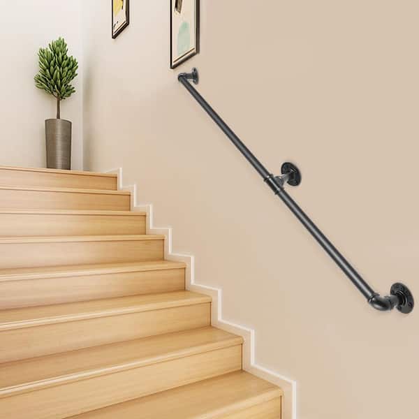 7 ft. Pipe Stair Handrail 440 lbs. Load Capacity Wall Mounted Handrail Round Corner Handrails for Outdoor Steps in Black