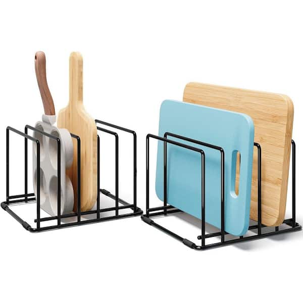 Black Steel Kitchen Organizer Rack 5-Slot Bakeware and Cutting Board Holder with Anti-Slip Feet 2 Pack