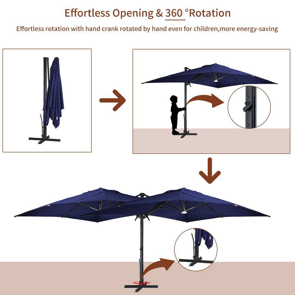 Navy Blue Aluminum Cantilever Patio Umbrella with LED Light and Stand