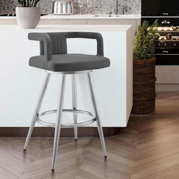 Armen Living Gabriele 26 in. H Gray Faux Leather and Brushed Stainless Steel Low Back Swivel Bar Stool