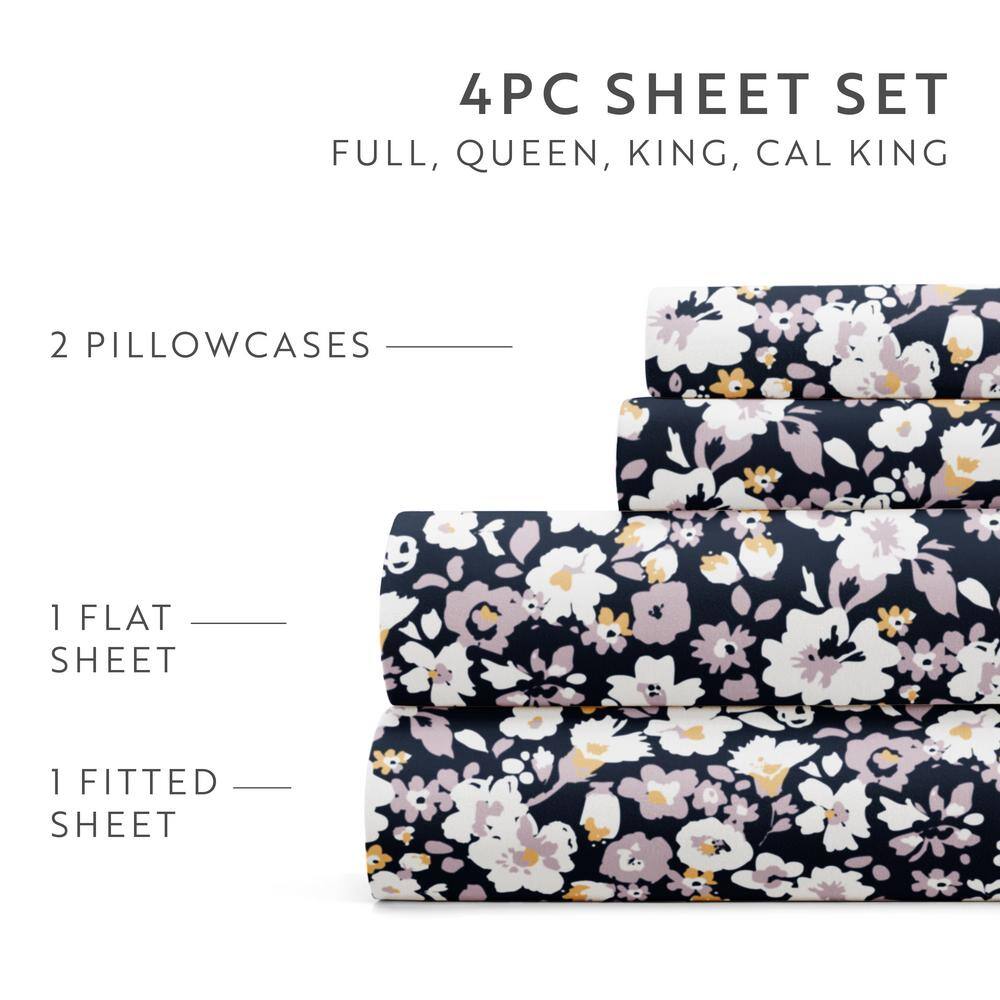 Navy Floral Full Microfiber 3-Piece Sheet Set
