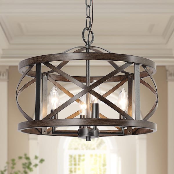 LNC 4-Light Rust Black Drum Cage Candlestick Island Chandelier with Faux Wood Accents