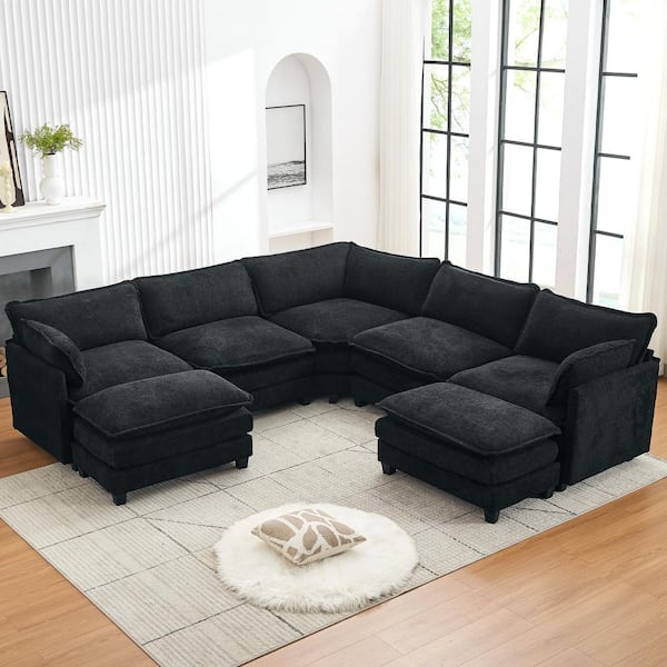 113.4 in. Width Black Chenille Fabric Straight Arm U-Shaped Sectional Sofa Couch with 2-Ottomans