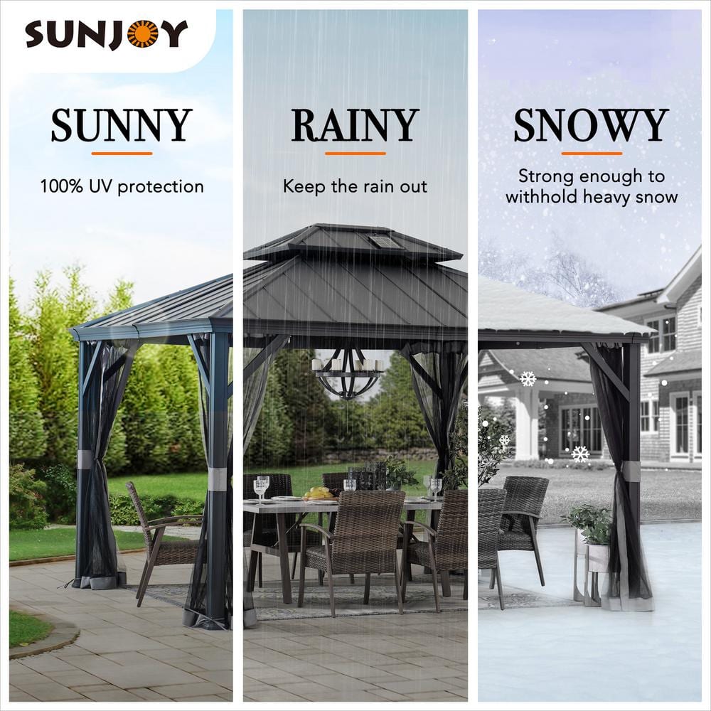Black Aluminum and Steel 10x12 ft. Hardtop Gazebo with Solar Panel