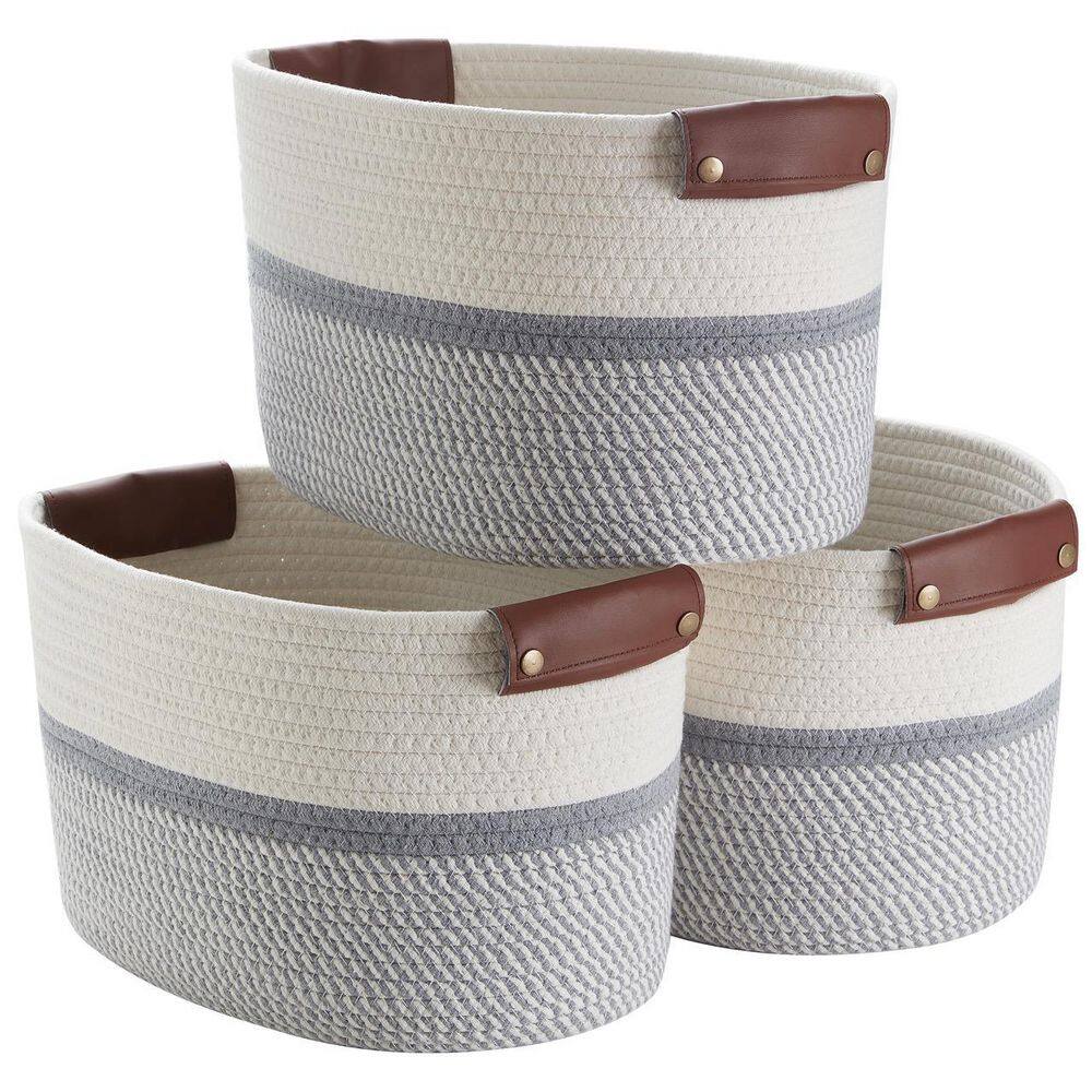 Ornavo Home 3Pack Cotton Rope Storage Baskets 3PK15x10x9WHITE/GRAY