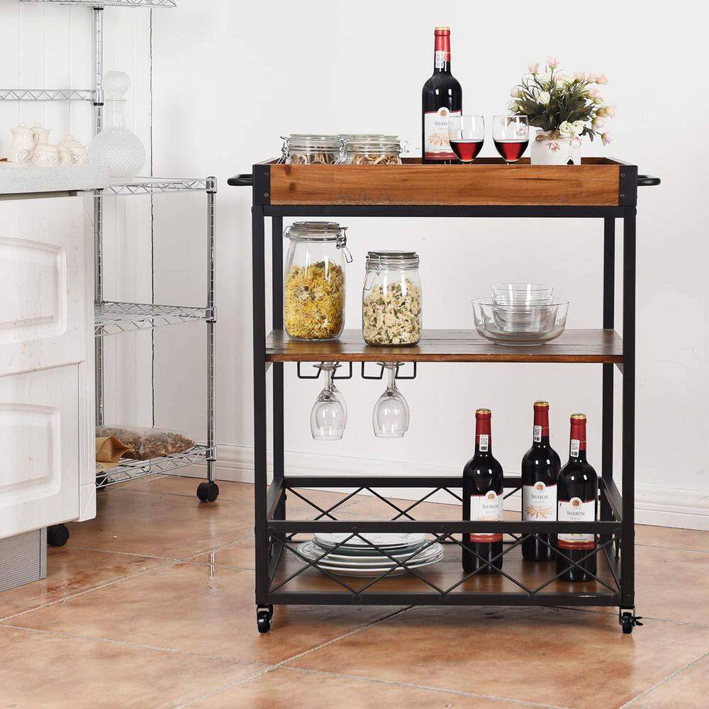 Bunpeony 3Tier Kitchen Cart with Natural Wood Top and Locking Wheels