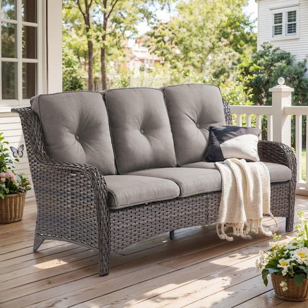 moosprr 3-Seat Brown PE Wicker Outdoor Couch with Gray Cushions and Curved Arm Design