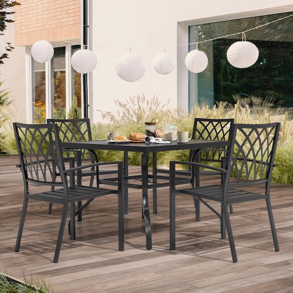 Nuu Garden Black 5-Piece Iron Outdoor Dining Set, 4 Stackable Chairs and 37 in. Square Dining Table with Umbrella Hole