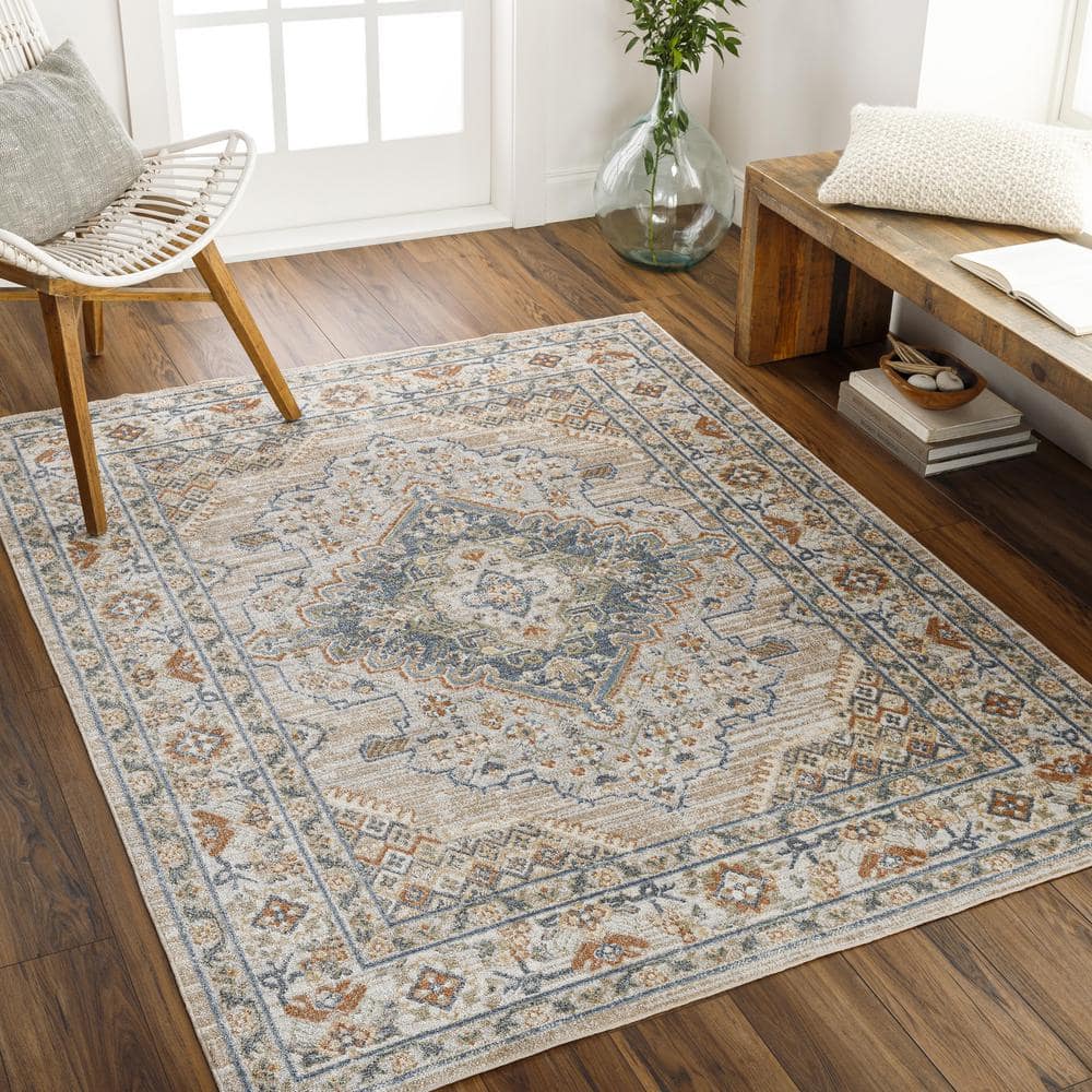 Lillian Blue/Brown 5 ft. x 7 ft. Indoor Machine-Washable Area Rug