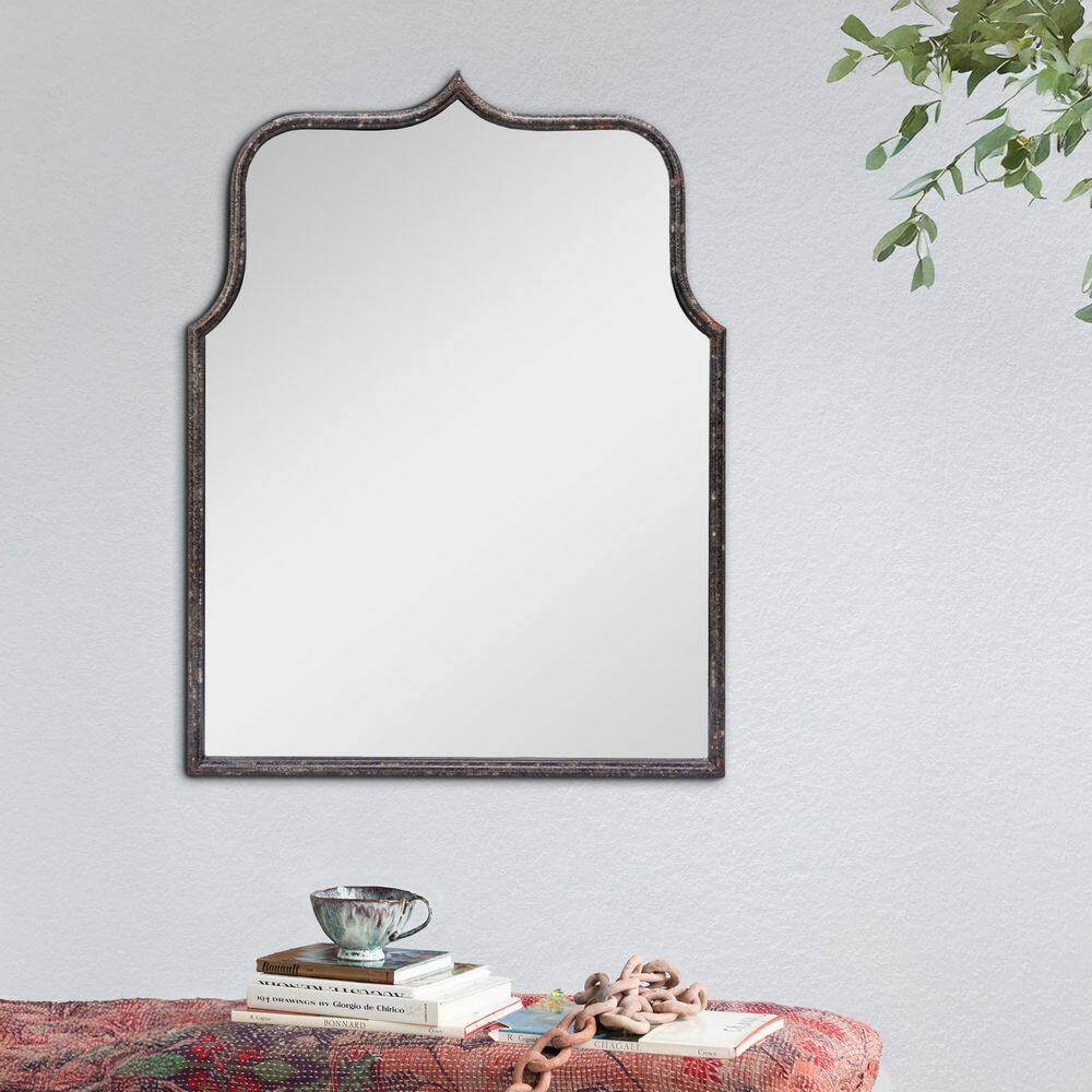 Distressed Black Arched Metal Framed Wall Mirror