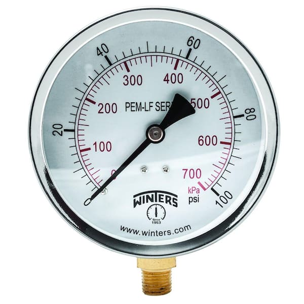 Winters Instruments PEM-LF Series 4 in. Lead-Free Brass Pressure Gauge with 1/4 in. NPT LM and 0-100 psi/kPa