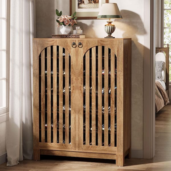 42.9 in H x 28.7 in. W Oak-Color Wood Shoe Storage Cabinet with Louver Doors and Adjustable Shelves for Entryway Closet