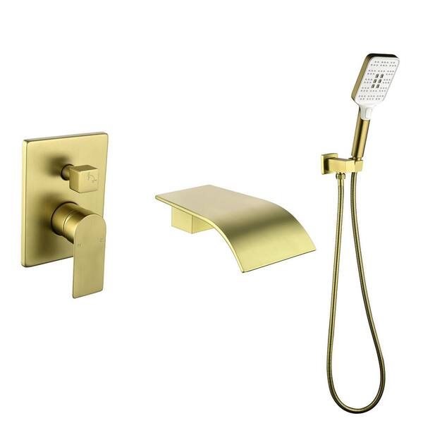 Unbranded Single-Handle 3-Spray Tub Wall Mount and Shower Faucet with Handheld Shower in Brushed Gold Valve Included