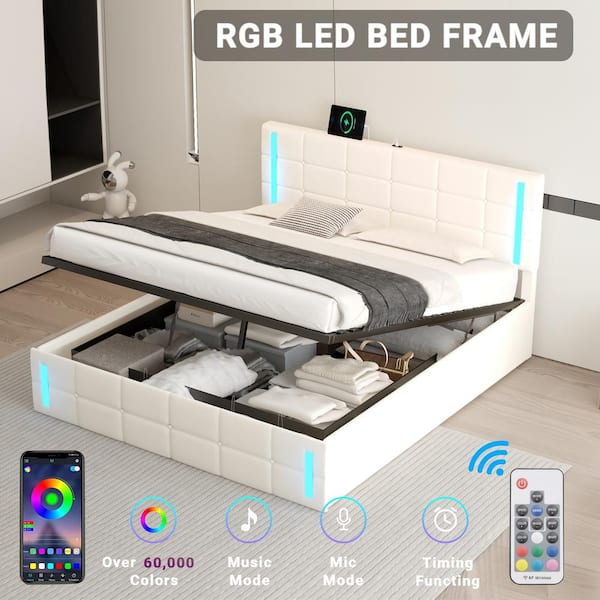 Harper & Bright Designs White Wood Frame Queen Size PU Upholstered Platform Bed with LED, Hydraulic Storage System and USB Charging Station