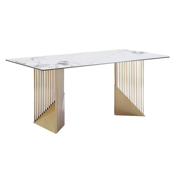 Modern Rectangle White Patek Philippe Stone Tabletop 78.84 in. Stainless Steel Double Pedestal Dining Table (10 Seats)