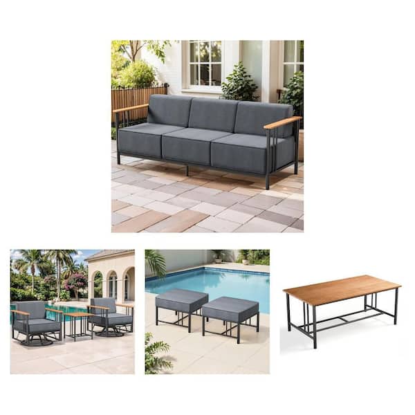 3-Seat Metal Sofa, Rocking Chair Set, Coffee Table and Ottoman with Dark Gray Cushions (2-Pack) Combo