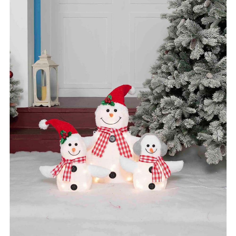 Prelit White Plush Snowman Family Winter Sculpture Set